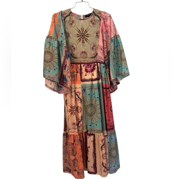 Beulah Patchwork Kimono Sleeve Maxi Dress Sun Dress S - Picture 2 of 5